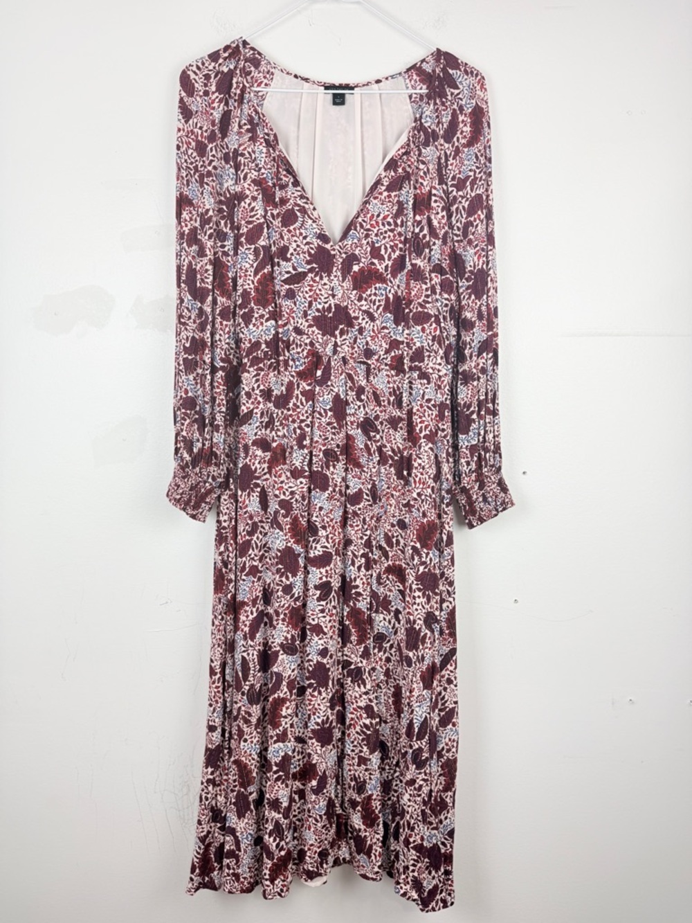 Ann Taylor Floral Midi Dress Size S Boho Romantic Burgundy Lurex Peasant